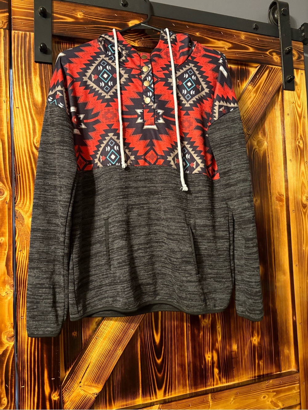 Cozy Aztec-Print Hoodie Sweater - Red & Charcoal. Size large